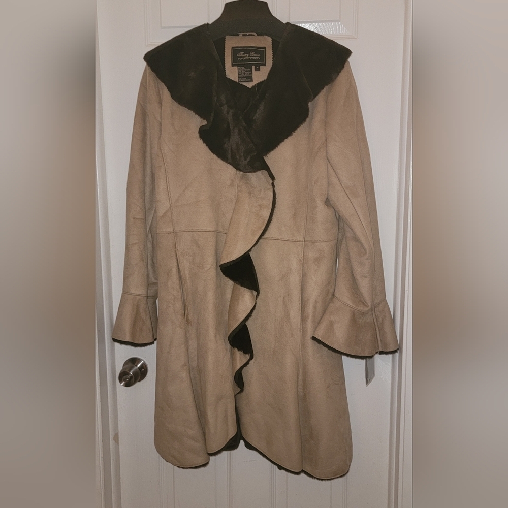 Terry Lewis Classic Luxuries Tan Faux Suede & Fur Trench Coat Size M Vintage